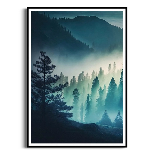 plakat-czarna-ramka-przod-mglisty-las-w-gorach-II.webp