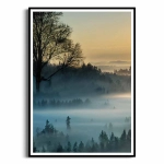 Plakat - Wschód słońca nad lasem we mgle I