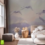 Fototapeta na wymiar Lecące Łabędzie w Chmurach, Bajkowy Mural Akwarelowy do Sypialni