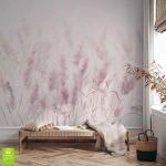 Fototapeta na wymiar Mglista Łąka z Trawą Pampasową i Ptakami, Różowy Mural do Sypialni