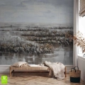 Aranżacja przedpokoju z nowoczesną ławką na tle ściany z artystyczną fototapetą. Krajobraz z trzcinami nad wodą wprowadza do wnętrza spokój i naturalną elegancję. Produkt posiada certyfikat Greenguard Gold