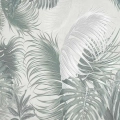Zbliżenie na wzór fototapety z egzotycznymi liśćmi, widoczna delikatna struktura oraz srebrne i szare detale na liściach palmy