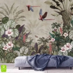 Fototapeta na wymiar Vintage Tropikalny Las – Papugi, Koliber i Kwiaty Hibiskusa