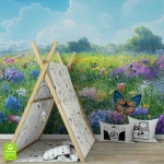 Fototapeta dla dzieci na wymiar - Zjawiskowa Magiczna Łąka – Kolorowe kwiaty i motyle, bajkowy mural do pokoju dziewczynki, niebieskie niebo i letni ogród, radosna dekoracja ścienna