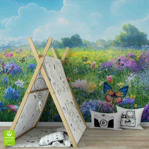 Fototapeta dla dzieci na wymiar - Zjawiskowa Magiczna Łąka – Kolorowe kwiaty i motyle, bajkowy mural do pokoju dziewczynki, niebieskie niebo i letni ogród, radosna dekoracja ścienna