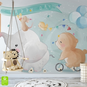 Fototapeta na wymiar do pokoju dziecka: Parada Uroczych Zwierząt i Słonika – Napis Happy Day, Balony i Konfetti, Styl Boho i Akwarelowy, Błękitna