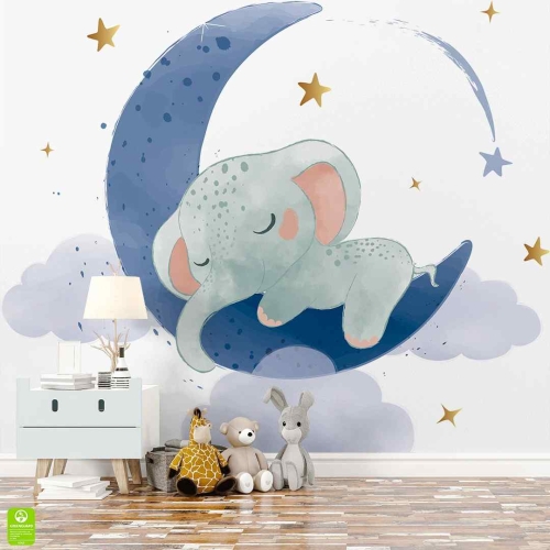fototapeta-dziecieca-slodki-spiący-slonik-na-ksiezycu.webp