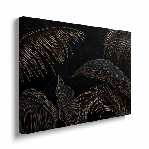 obraz-na-plotnie-czarne-tlo-i-zlote-liscie-tropikalne-bok.webp