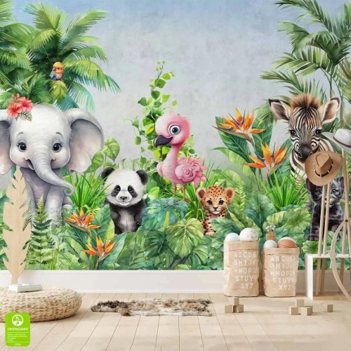 Fototapeta dziecięca dżungla na wymiar w aranżacji pokoju dziecka, akwarelowe zwierzęta: słoń, panda, zebra, lampart
