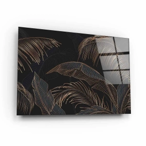 Obraz na szkle akrylowym - Czarne tło i złote liście tropikalne, Mural w stylu glamour i art deco