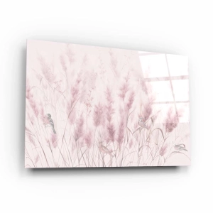 Obraz na szkle akrylowym - Mglista łąka z trawą pampasową i ptakami 