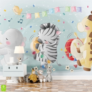 Fototapeta na wymiar do pokoju dziecka: Parada Zwierzęcej Orkiestry – Słoń, Zebra i Żyrafa grające na instrumentach, Styl Akwarelowy i Boho, Pastelowa, Błękitna