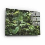 Obraz na szkle akrylowym - Gęsta dżungla, zielone liście palmy 3D do Salonu i Sypialni