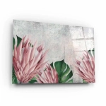 Obraz na szkle akrylowym - Botaniczny motyw z różowych kwiatów i tropikalnych liści do salonu, jadalni czy sypialni
