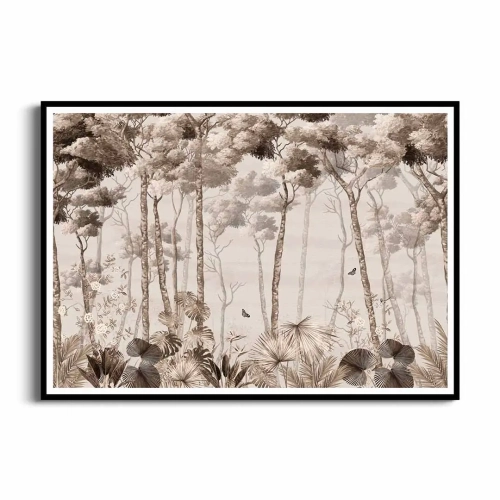 plakat-czarna-ramka-przod-pejzaz-lesny-we-mgle-w-dcieniach-bezu-i-brazu,sepia,kolory-ziemi.webp