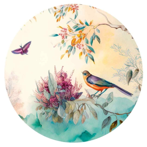 tapeta okrągła przedstawiająca kolorowy las z ptakami