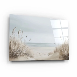 Obraz na szkle akrylowym - Plaża z trawami – Spokojny pejzaż morski do salonu, sypialni i biura