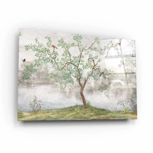 Obraz na szkle akrylowym - Orientalny pejzaż z drzewem i ptakami 