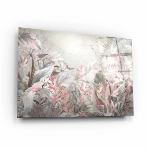 Obraz na szkle akrylowym - Pastelowa Tropikalna Dżungla z Egzotycznymi Liśćmi i Ptakami, Styl Boho, Do Salonu lub Sypialni