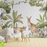 Fototapeta na wymiar: Zwierzęta Australii (Kangur, Koala, Pies Dingo) – Styl Skandynawski i Eko, Pokój dziecka i sypialnia dziecięca, Beżowo-Zielona, Akwarelowa przyroda XXL