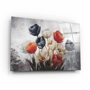 Obraz na szkle akrylowym - Bukiet czerwonych, białych i granatowych tulipanów na tle w stylu vintage