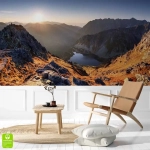 Fototapeta na wymiar: Panorama Tatr i Morskie Oko o Wschodzie Słońca – Styl Nowoczesny i Skandynawski, Fototapeta do salonu i gabinetu, Brązowo-Niebieska, Pejzaż górski 3D XXL