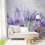 Fototapeta na wymiar: Fioletowe Hiacynty i Polne Kwiaty – Styl Prowansalski i Vintage, Salon i sypialnia, Lawendowo-Szara, Akwarelowa dekoracja botaniczna XXL