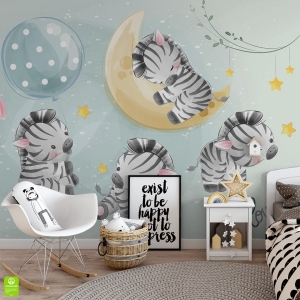 Fototapeta na wymiar do pokoju dziecka: Urocze Maleńkie Zebry na Dobranoc – Księżyc, Gwiazdki i Tęcza, Styl Akwarelowy, Boho, Pastelowa, Miętowa