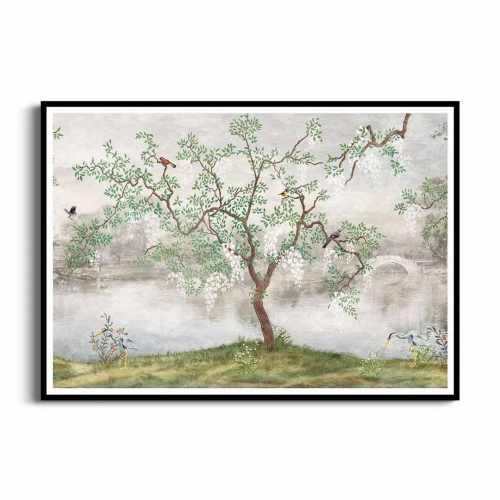 plakat-czarna-ramka-przod-orientalny-pejzaz-z-drzewem-i-ptakami.webp