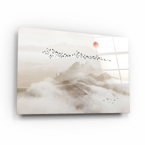 Obraz na szkle akrylowym - Pejzaż górski w odcieniach beżu z mgłą i ptakami