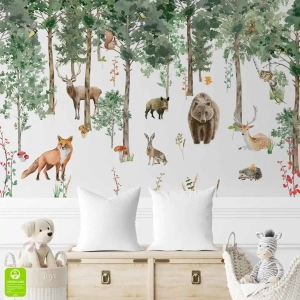 Fototapeta na wymiar do pokoju dziecka: Leśna Polana i Zwierzęta – Lis, Jeleń, Sarna i Zając, Styl Akwarelowy, Boho, Zielono-Biała