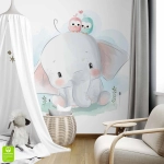 Fototapeta na wymiar do pokoju dziecka: Urocze Słoniątko i Ptaszki – Akwarelowa sypialnia małego dziecka, Styl Skandynawski i Boho, Pastelowa, Błękitna