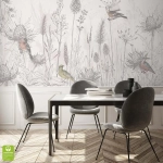 Fototapeta na wymiar - Ptaki i Polne Kwiaty – Naturalna dekoracja do salonu i sypialni, styl rustykalny i boho, szary wzór roślinny, polna łąka