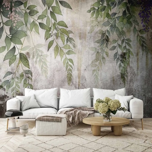 fototapeta-na-wymiar-wiszace-zielone-liscie-szary-beton-styl-loft-nowoczesny-salon-sypialnia-wnetrze 3_web.webp