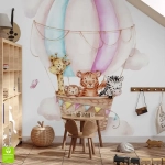 Fototapeta na wymiar dla dzieci: Zwierzęta w Balonie (Żyrafa, Tygrys, Zebra) – Styl Skandynawski i Boho, Pastelowy pokój dziecięcy, Beżowo-Błękitna, Akwarela dla dziecka