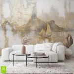 Fototapeta na wymiar - Złota Żaglówka – Artystyczna dekoracja do salonu i sypialni, styl nowoczesny i glamour, beżowy krajobraz z dodatkami w kolorze złota, abstrakcja z morzem