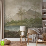 Fototapeta na wymiar - Egzotyczna Dżungla Vintage – Naturalna dekoracja do salonu, styl tropikalny i boho, zielone palmy i góry, stonowany krajobraz