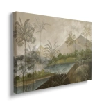 Obraz na płótnie - Egzotyczna Dżungla Vintage – Naturalna dekoracja do salonu, styl tropikalny i boho, zielone palmy i góry, stonowany krajobraz