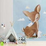 Fototapeta na wymiar do pokoju dziecka: Słodki Jeleń i Małe Zajączki – Akwarelowa sypialnia, Styl Skandynawski i Boho, Pastelowy Błękit i Brąz