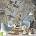 Fototapeta na wymiar - Liście Egzotyczne w Szarościach – Artystyczna dekoracja do salonu, styl nowoczesny i vintage, chłodny błękit i beż, roślinny motyw malarski