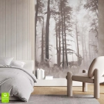 Fototapeta na wymiar - Zamglony Las z Jeleniami – Nastrojowa dekoracja do biura, styl skandynawski i nowoczesny, sepia i szarości, leśny pejzaż w sypialni