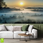 Fototapeta na wymiar - Mglisty Poranek nad Lasem – Nastrojowa dekoracja do salonu, widok na góry i doliny, złote słońce, styl nowoczesny i skandynawski