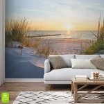 Fototapeta na wymiar „Zachód słońca nad morzem” – pejzaż z wydmami i trawami w stylu skandynawskim i boho do salonu, sypialni lub łazienki