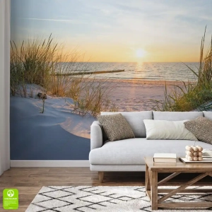 Fototapeta na wymiar „Zachód słońca nad morzem” – pejzaż z wydmami i trawami w stylu skandynawskim i boho do salonu, sypialni lub łazienki