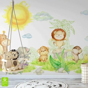 Fototapeta na wymiar: Wesołe Zwierzęta w Dżungli i Słońce – Styl Skandynawski i Bajkowy, Pokój dziecka i sypialnia dziecięca, Żółto-Zielona, Akwarelowa dekoracja XXL
