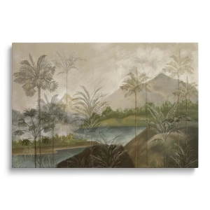 Obraz na szkle - Egzotyczna Dżungla Vintage – Naturalna dekoracja do salonu, styl tropikalny i boho, zielone palmy i góry, stonowany krajobraz