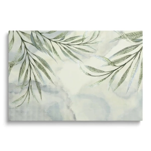Obraz na szkle - Eteryczne Liście – Delikatna dekoracja do salonu, styl skandynawski i boho, akwarelowe chmury, pastelowa sypialnia w zieleni