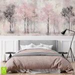 Fototapeta na wymiar - Pastelowy las – Romantyczna dekoracja do sypialni, styl boho i nowoczesny, zamglone drzewa, pastelowa sypialnia marzeń