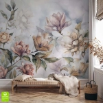 Fototapeta na wymiar - Eteryczna Magnolia – Romantyczna dekoracja do salonu, styl vintage, wielkoformatowe kwiaty, pastelowa ściana akcentowa