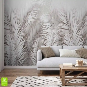 Fototapeta na wymiar - Pastelowe liście palmowe - Jasna dekoracja do salonu, styl nowoczesny i minimalistyczny, duże liście palmowe, elegancka ściana w kolorze szarym i beżowym